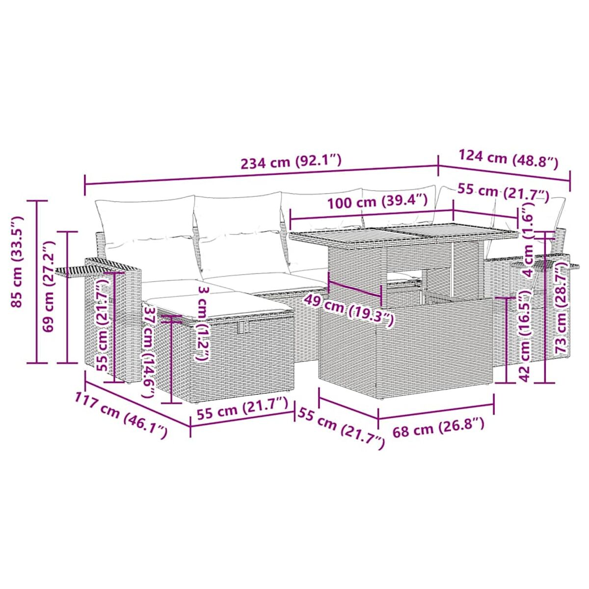 Set divano in rattan da esterno con tavolo, dimensioni in centimetri.