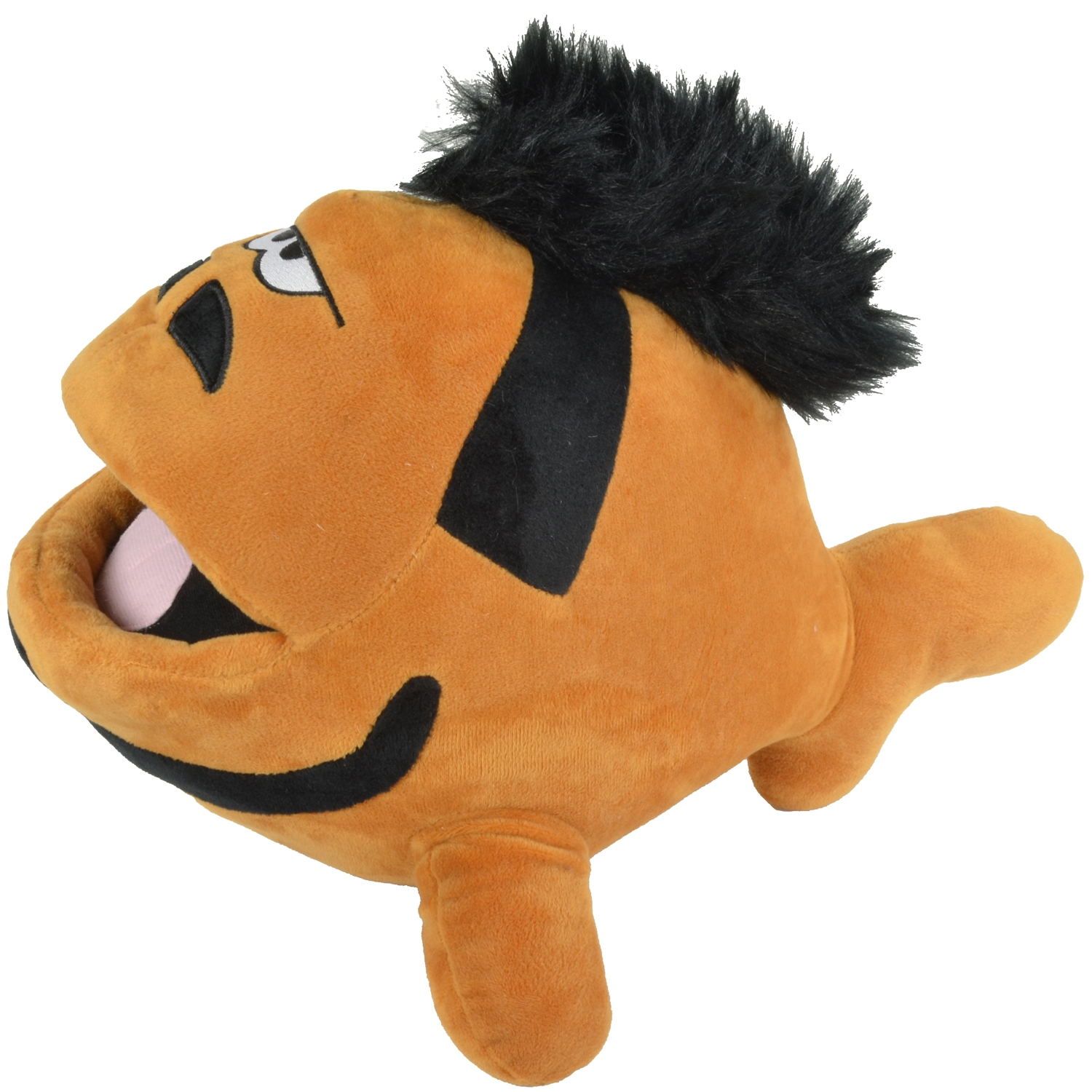Orangenes Plüschfischspielzeug mit schwarzen Haaren und offenem Mund.
