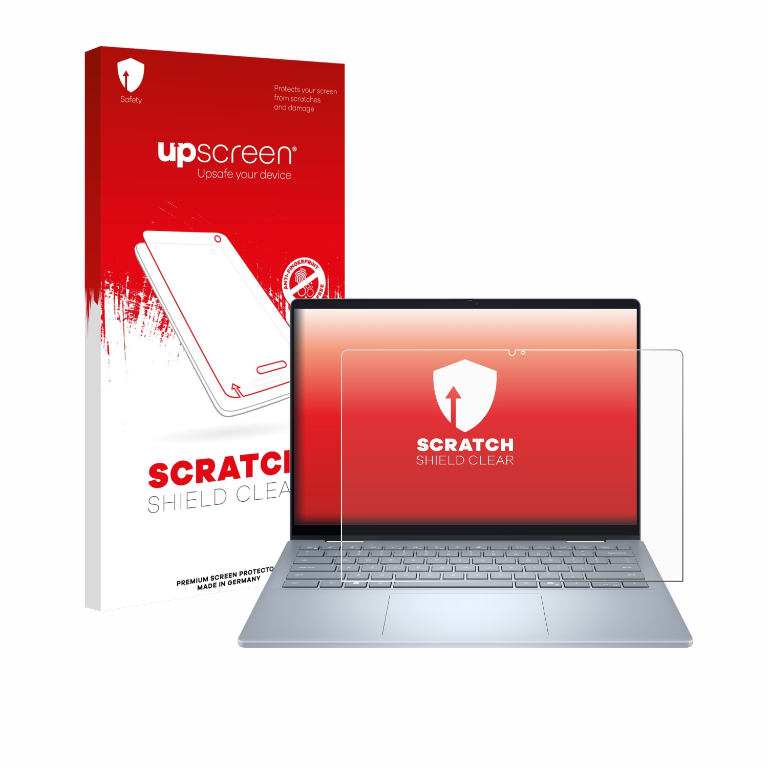 upscreen Kratzschutz klar für einen Laptop. Eine Box und ein klarer Displayschutz sind abgebildet.