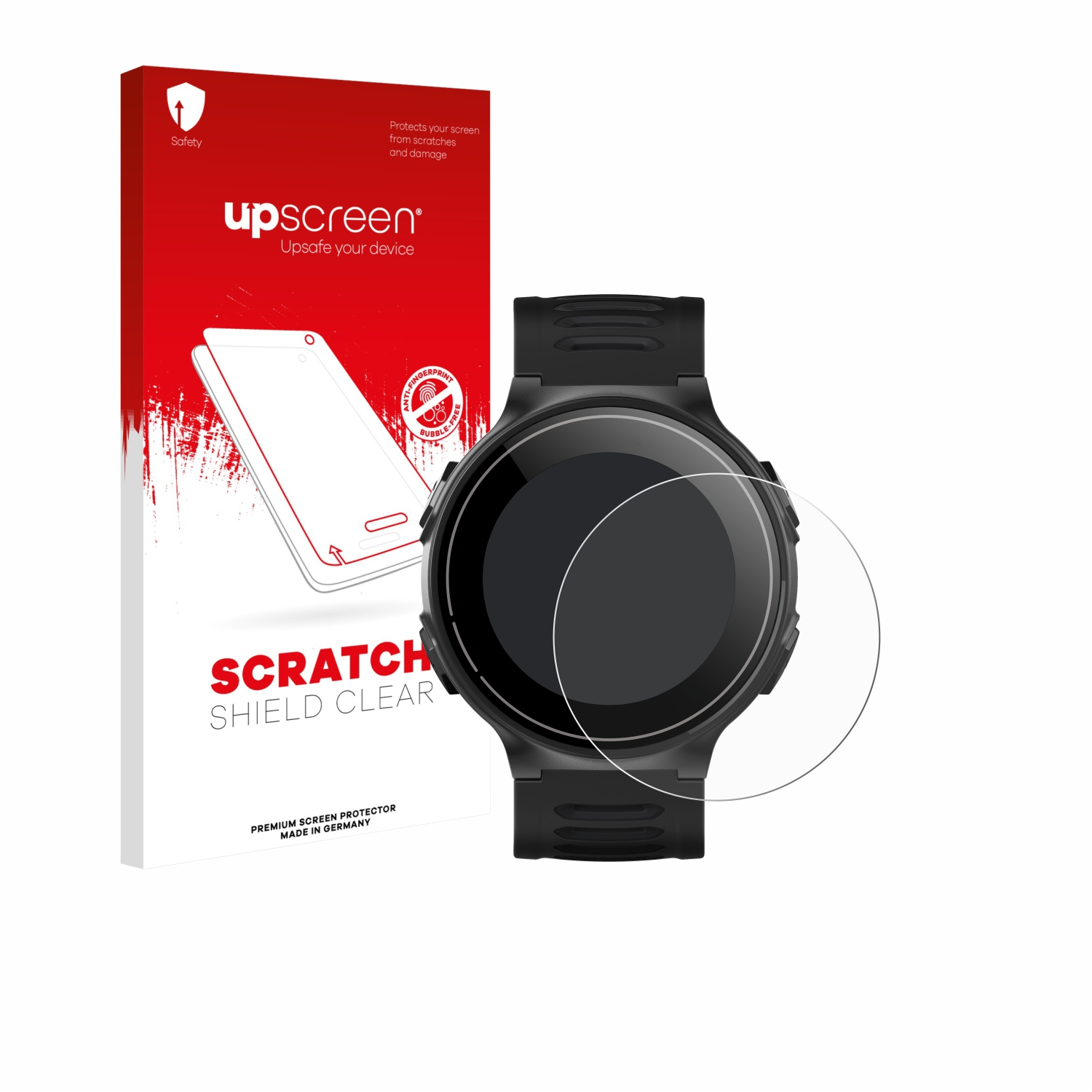 Uhrenschutzfolien-Kit neben einer Smartwatch. Enthält eine Box und einen klaren Schutz.