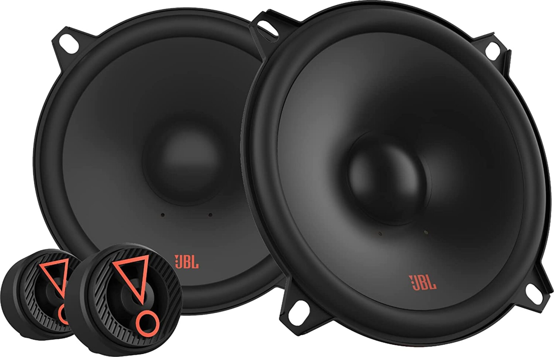 Zwei schwarze Lautsprecher und zwei kleine schwarze Lautsprecher mit orangefarbenen JBL-Logos.
