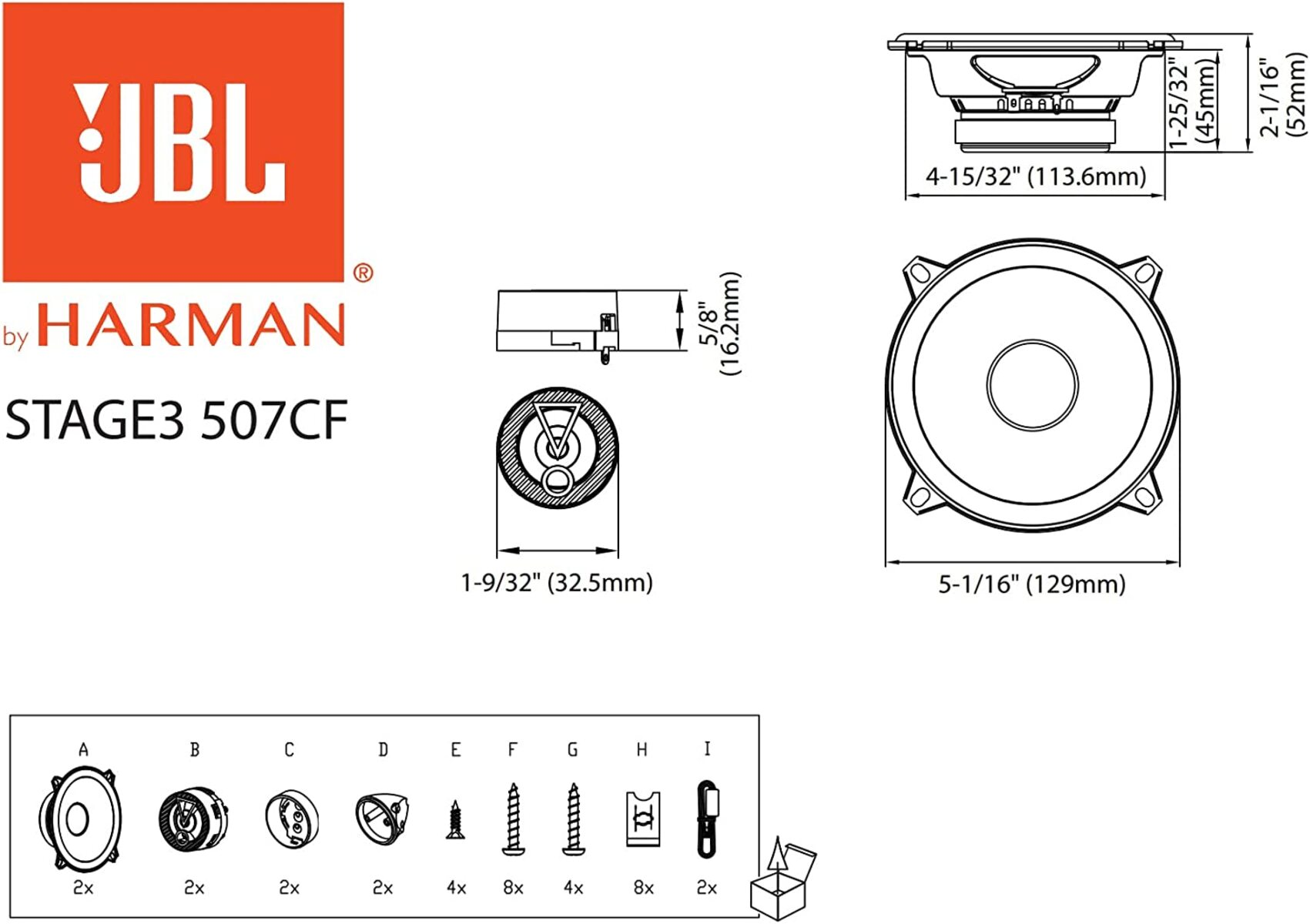 JBL Stage3 507CF Auto-Lautsprecher-Diagramm mit Maßen, Teilen und Markenlogo in Orange.
