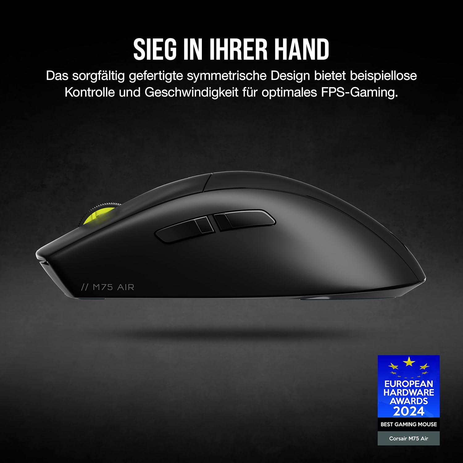 Czarna mysz do gier z tekstem i logo nagrody na czarnym tle.