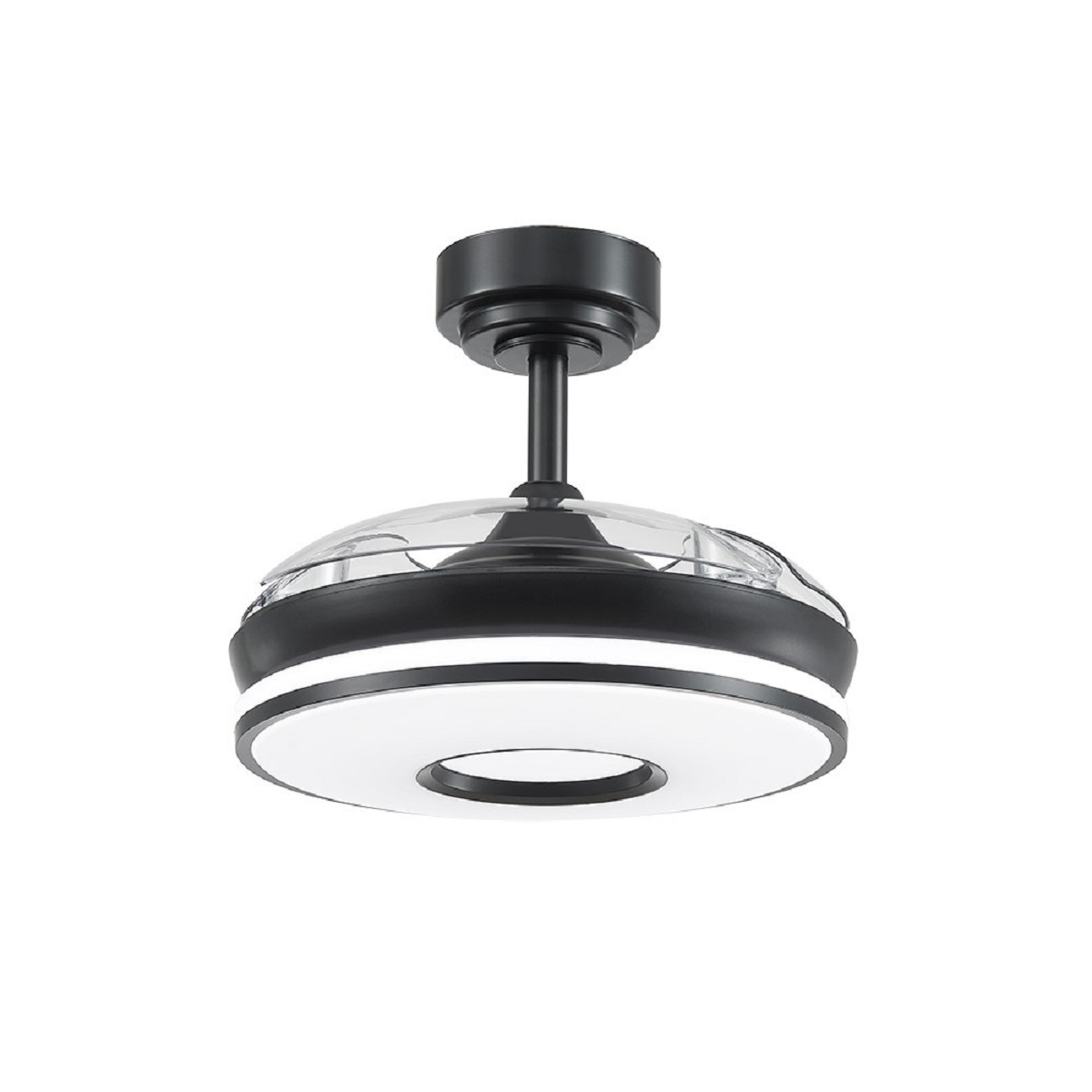 Un ventilador de techo negro con un anillo de luz blanco. El ventilador tiene un anillo exterior de vidrio y está sobre un fondo blanco.