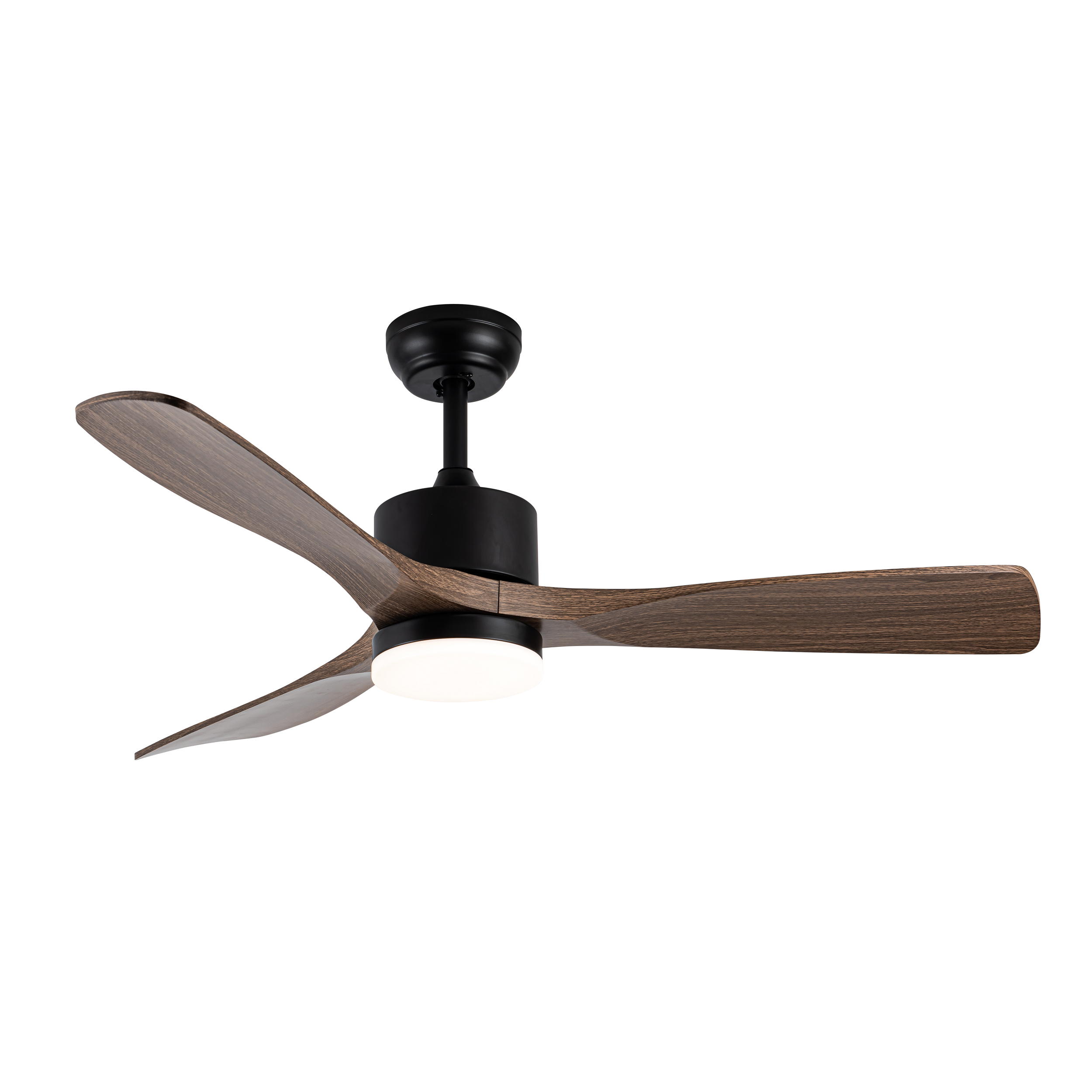 Un ventilatore da soffitto nero e marrone con tre pale e un'apparecchio di illuminazione centrale.