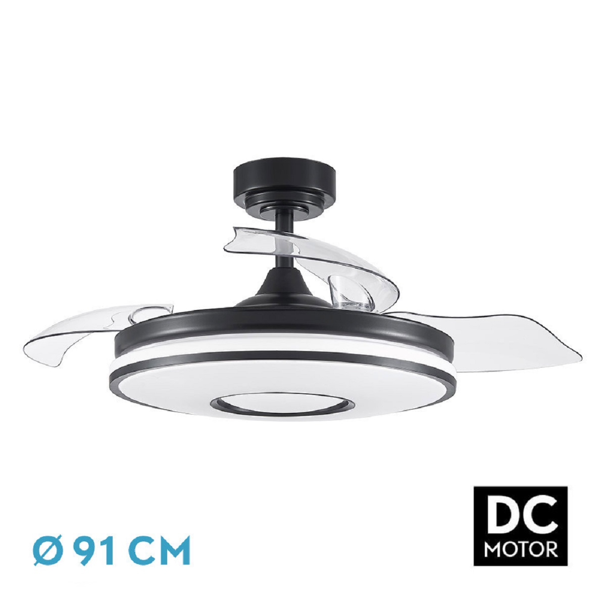 Ventilador de techo con dos aspas curvas y luz central, blanco y negro, contra fondo blanco.