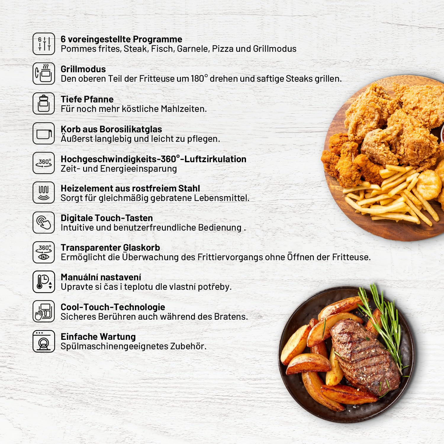 Frytkownica powietrzna z tekstem o jej funkcjach i talerz z smażonym jedzeniem.
