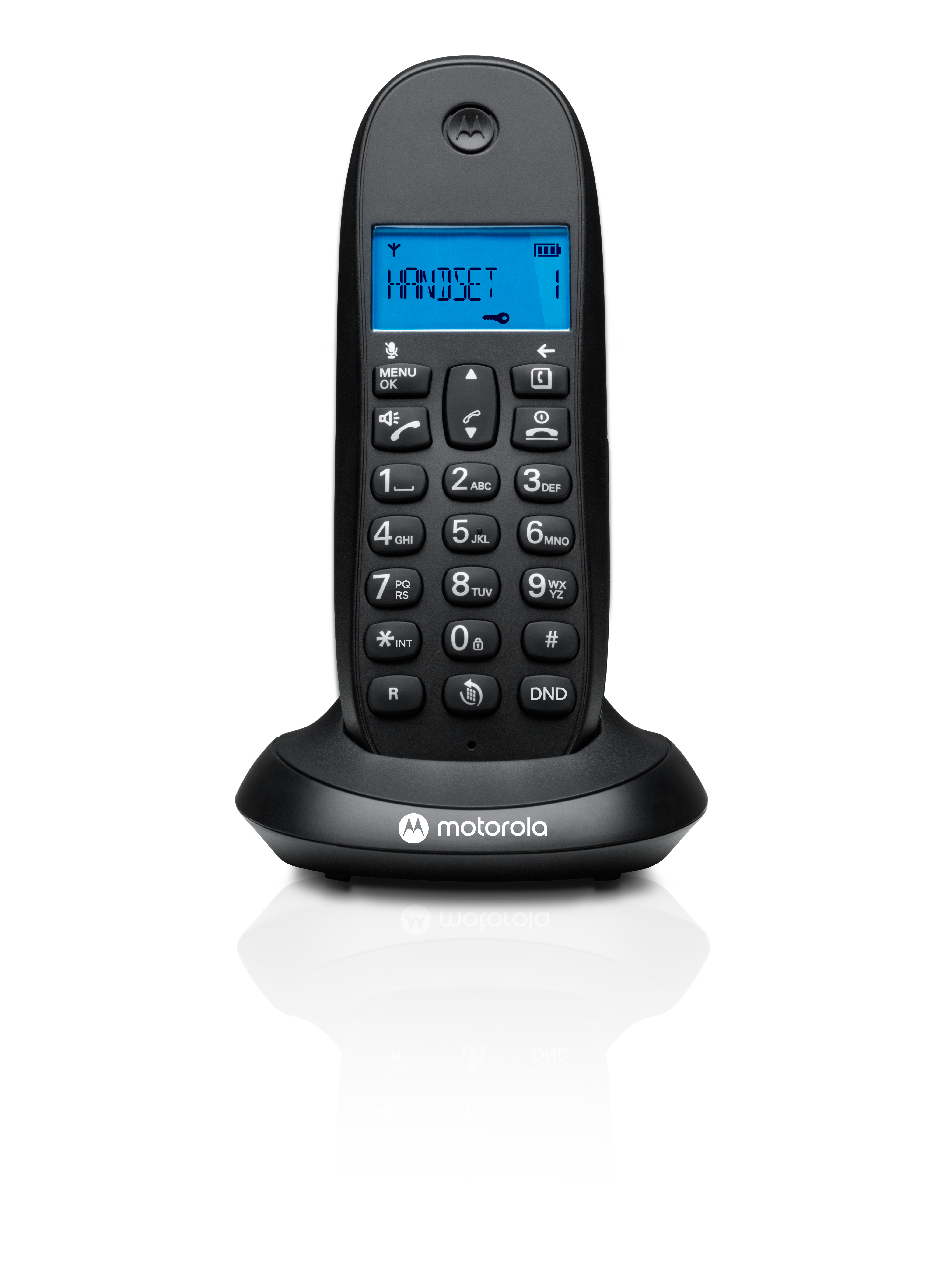 Un teléfono inalámbrico Motorola negro con una base. La pantalla muestra 'HANDSET 1'.