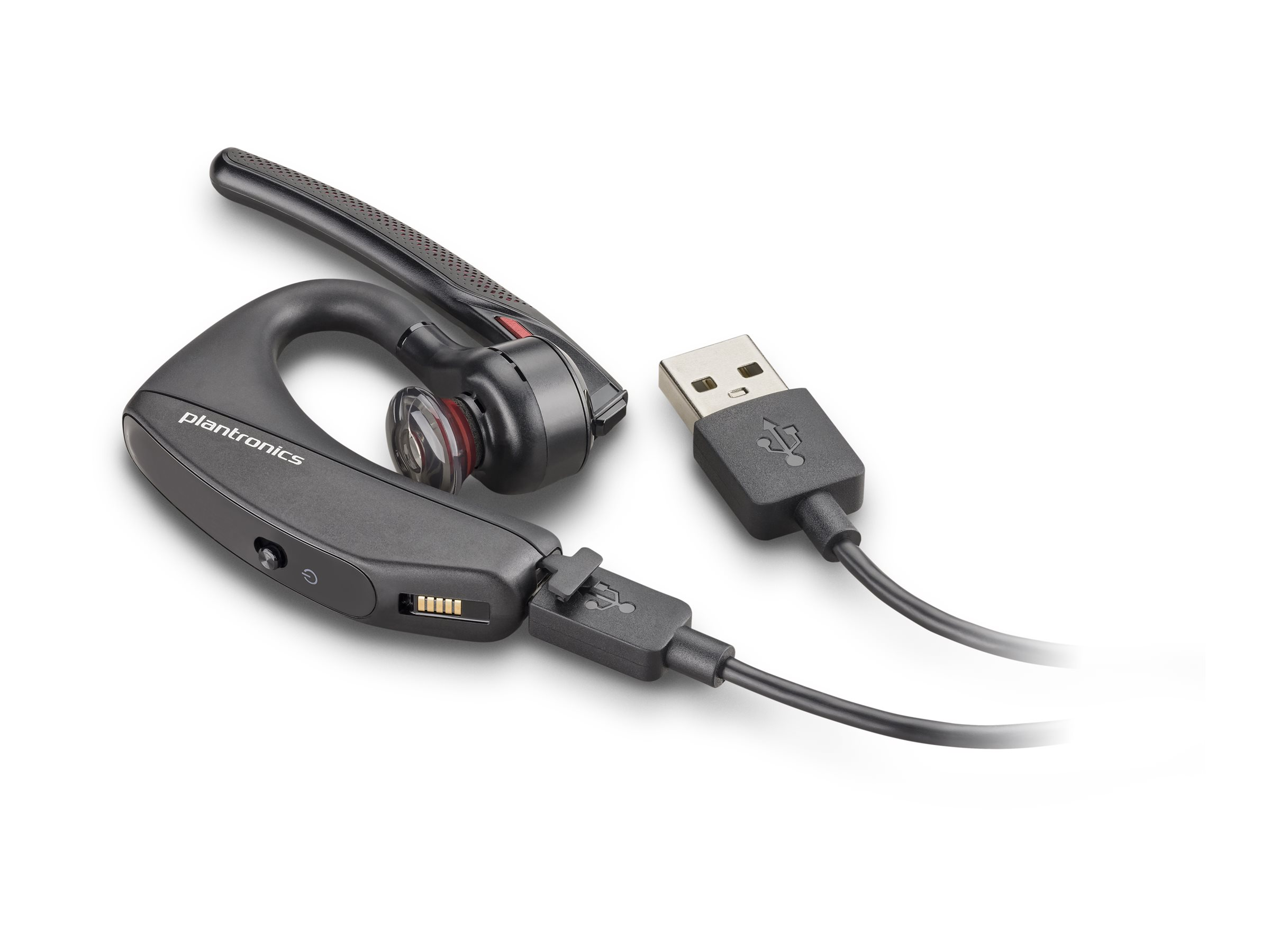 Cuffie Plantronics nere e grigie e caricatore USB su sfondo bianco.