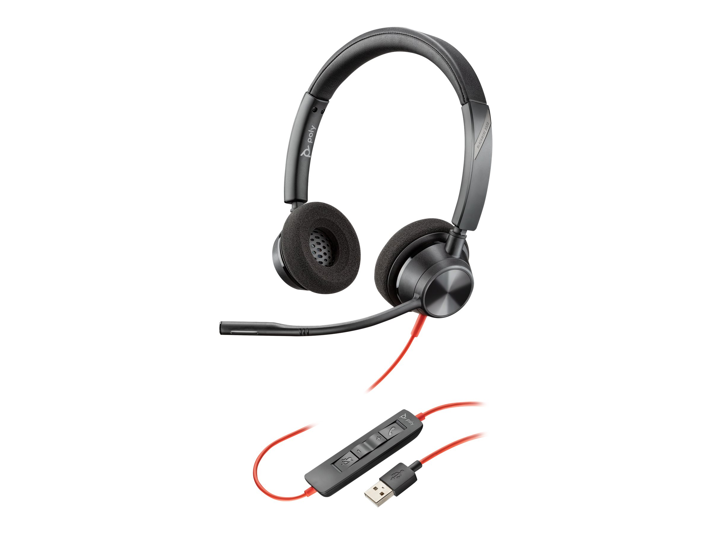 Cuffie Poly nere con microfono, cavo rosso. Connettore USB alla fine.