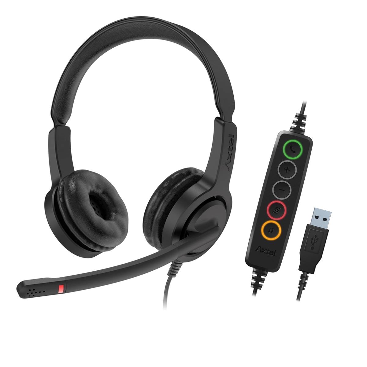 Un auricolare nero con microfono e controlli. È collegato un cavo USB, i controlli sono a destra.