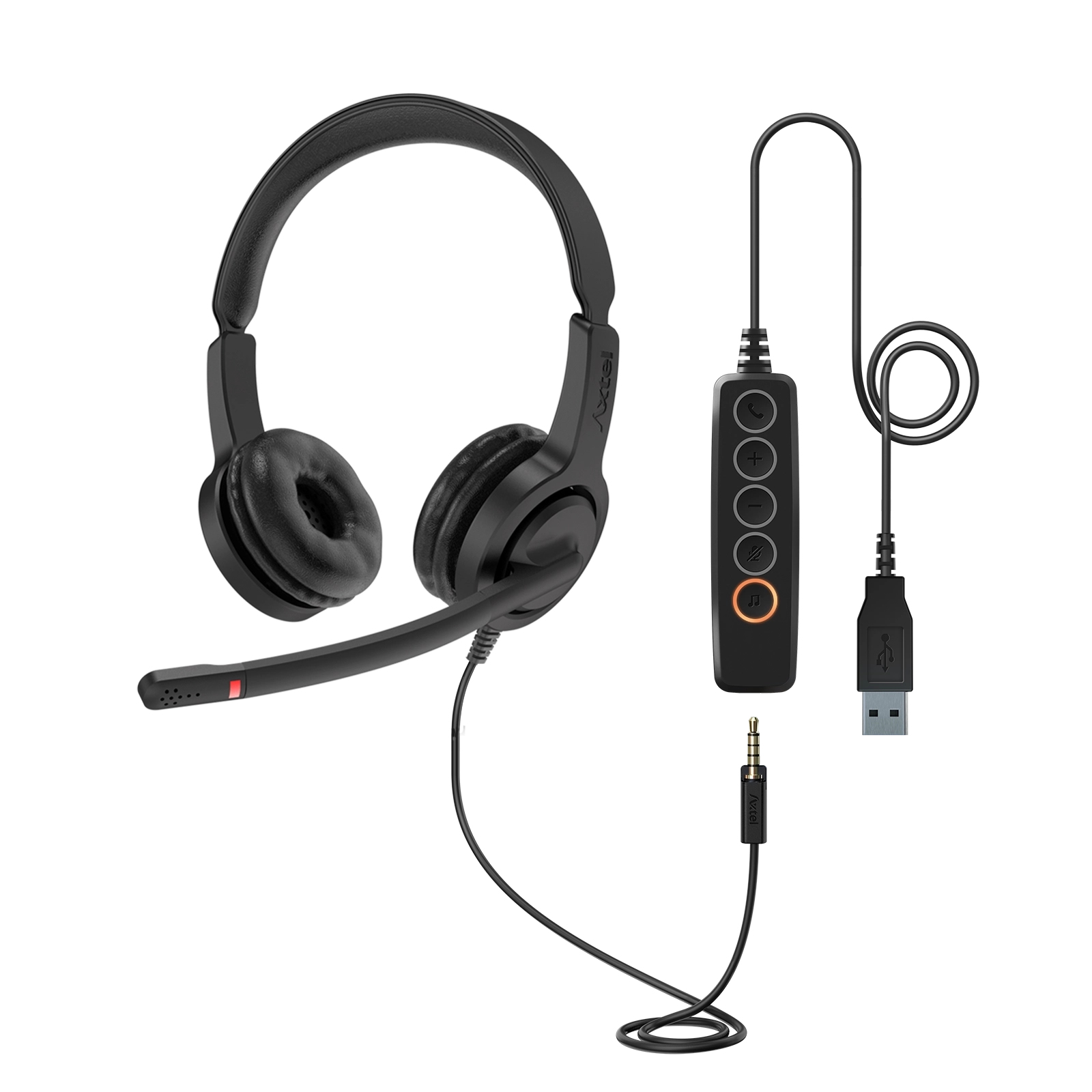 Cuffie nere con microfono e pulsanti di controllo. Le cuffie hanno USB e jack da 3,5 mm.