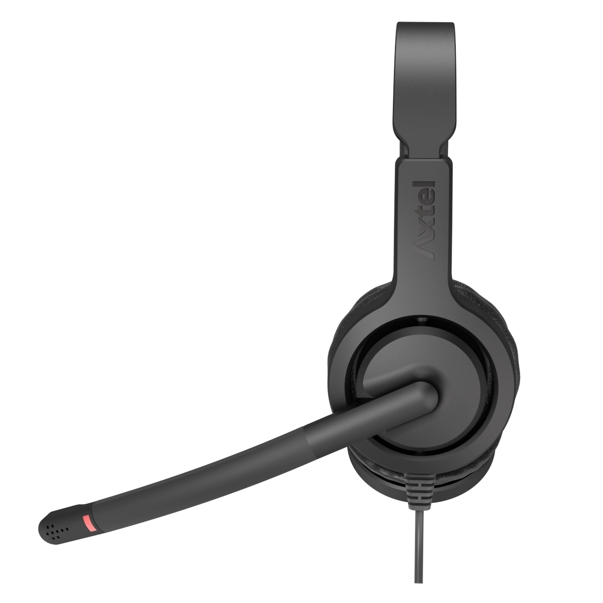 Un auricolare nero con microfono. L'auricolare è su sfondo bianco, inclinato verso lo spettatore.