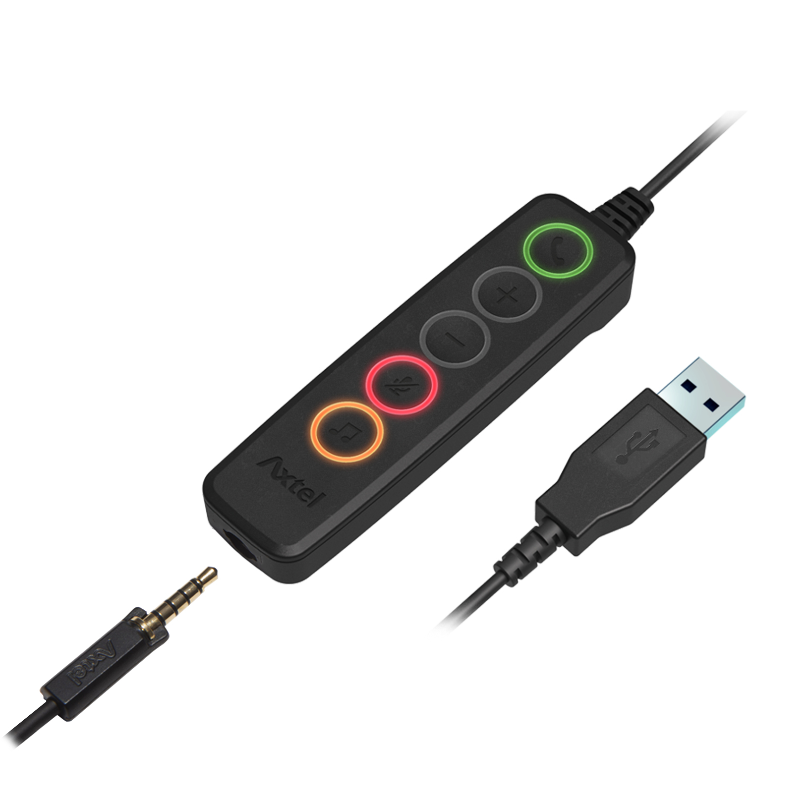 Centralina nera con quattro pulsanti e un connettore USB. È visibile anche un connettore jack.