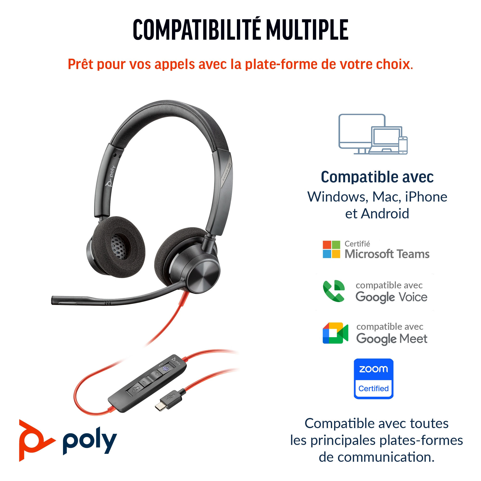 Cuffie nere con cavo rosso e pulsanti di controllo. Compatibili con Windows, Mac, iPhone e Android.
