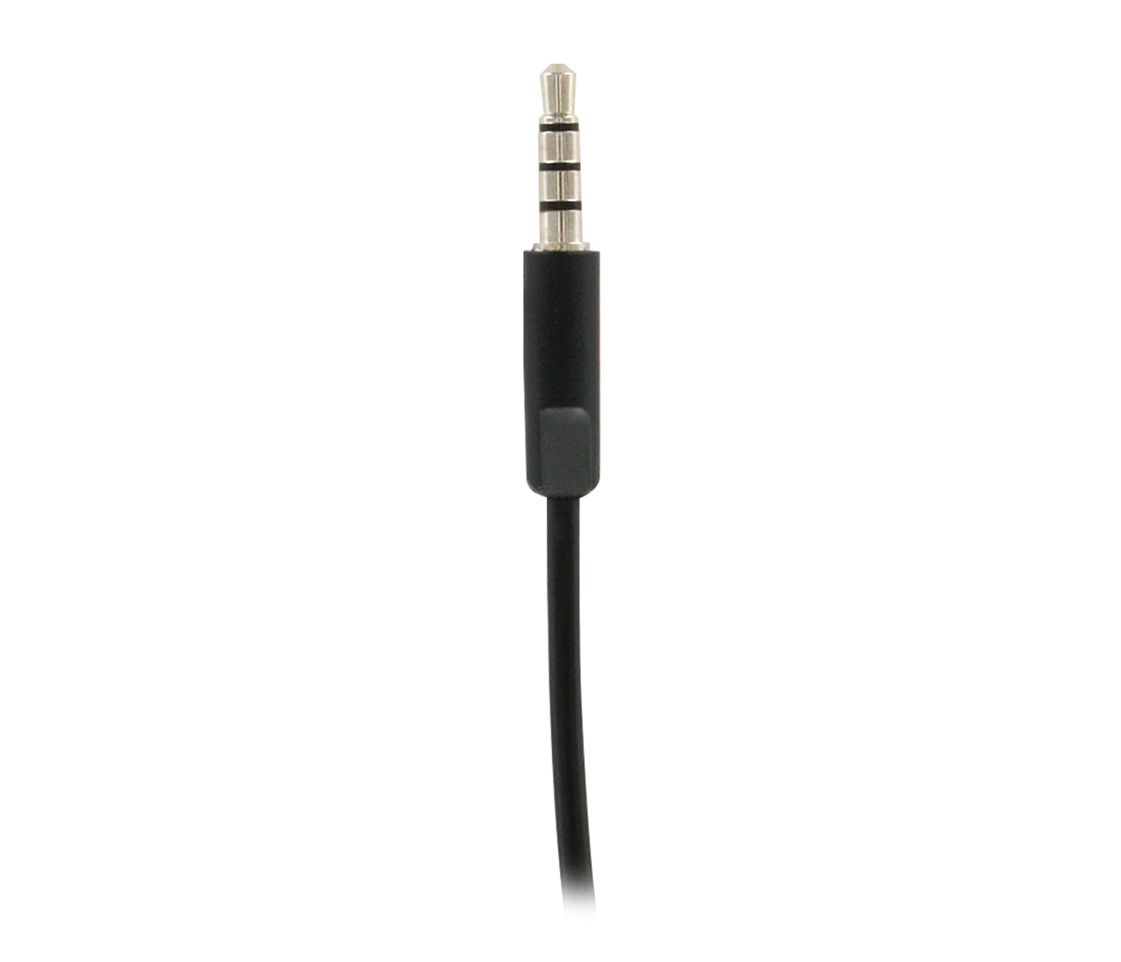 Primo piano di un jack audio da 3,5 mm su un cavo nero, sfondo bianco.