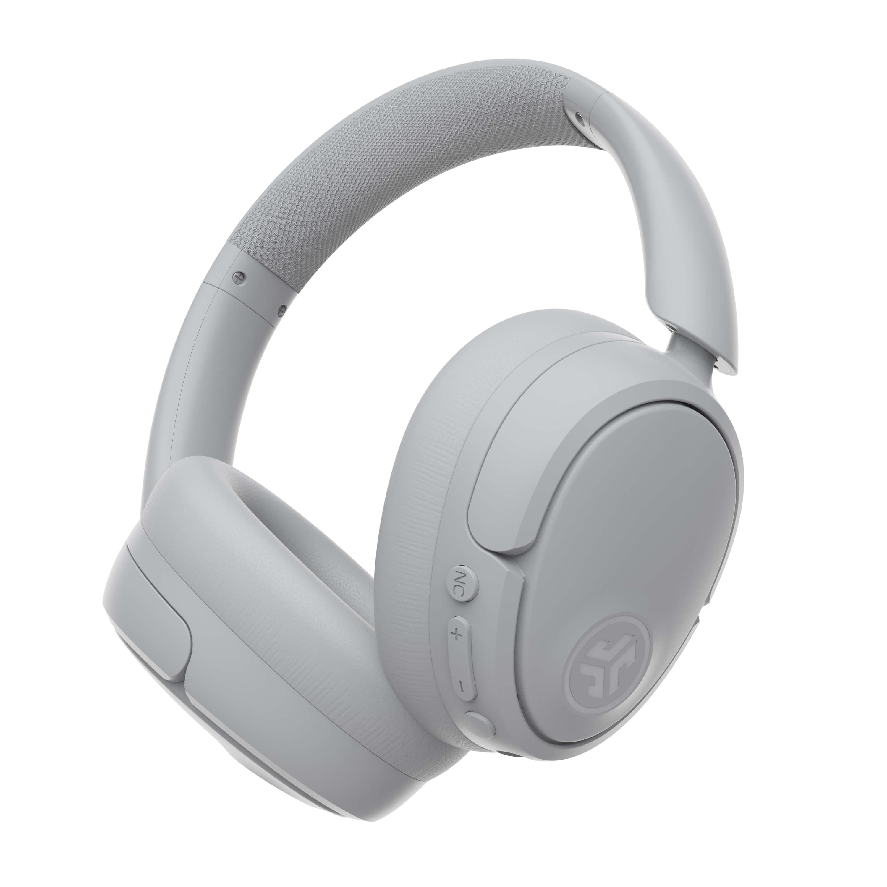 Cuffie wireless grigie. Hanno padiglioni e una fascia imbottita. Sfondo bianco.