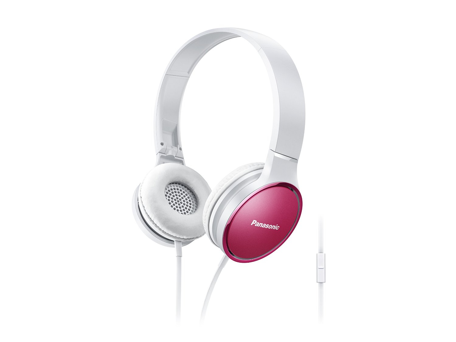 Cuffie bianche e rosa con cavo bianco. Il marchio Panasonic è visibile.