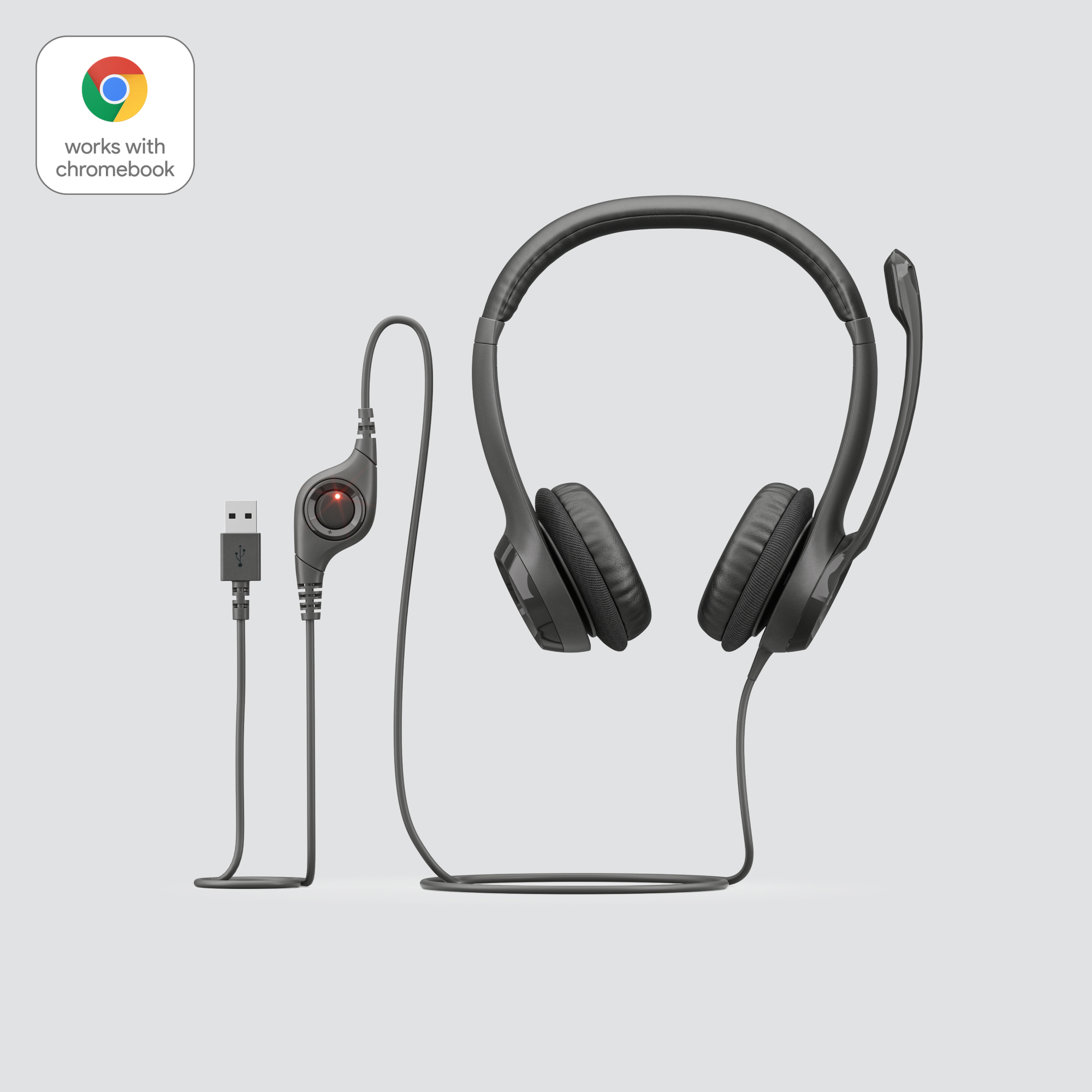 Cuffie nere con microfono, connettore USB e un logo che funziona con chromebook.