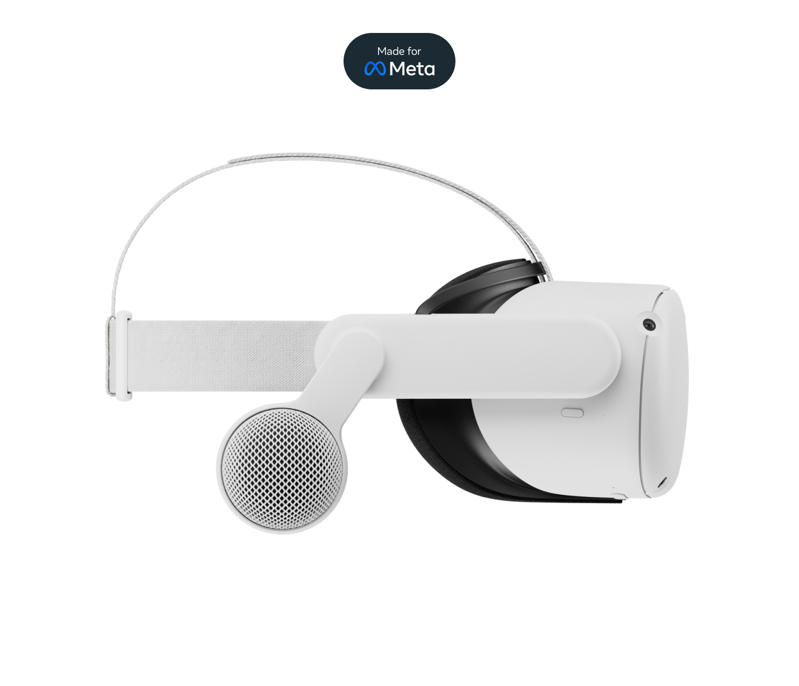 Cuffie VR bianche con cinturino bianco e interno nero. Il logo Meta è visibile.