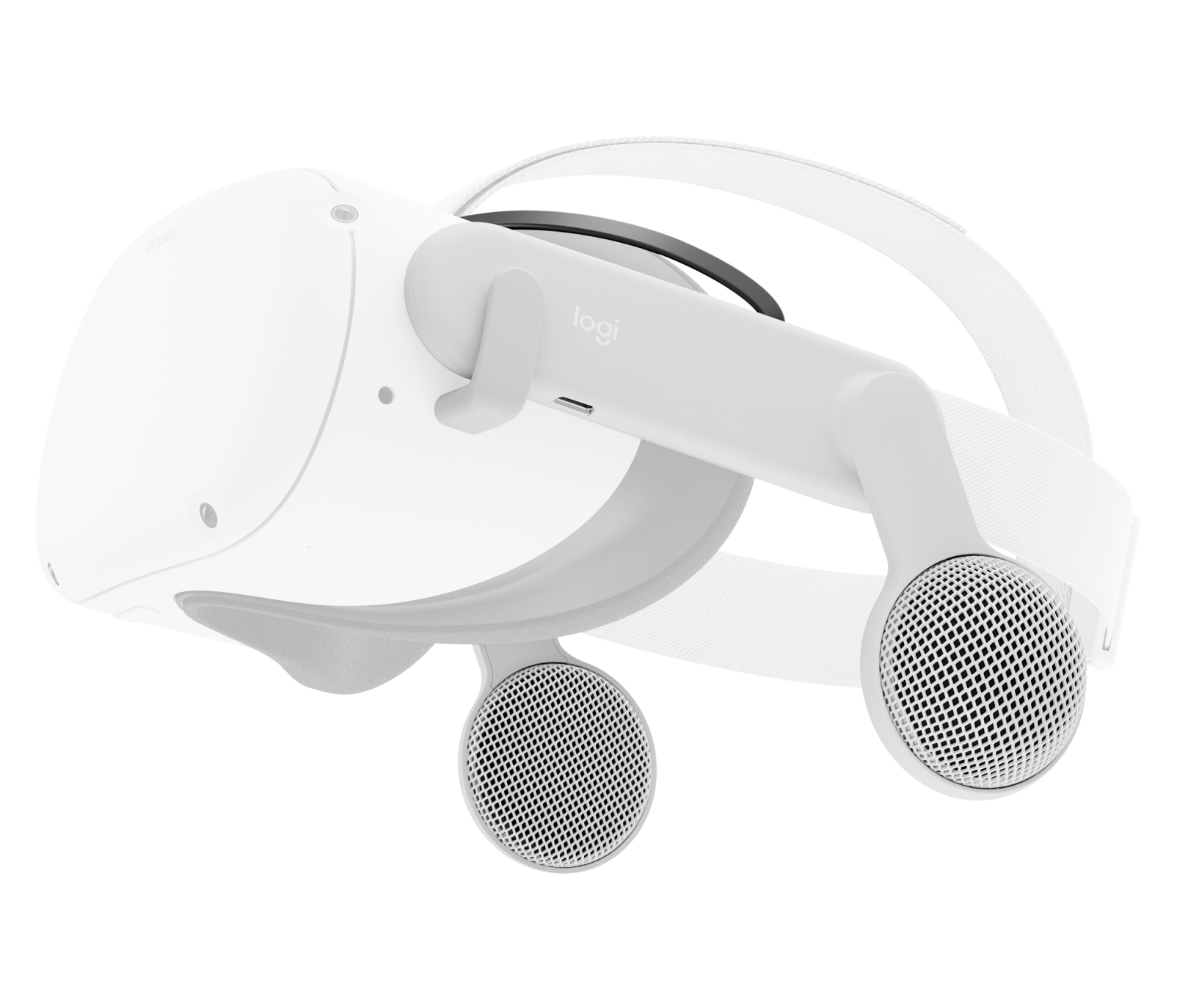 Visore VR bianco con dettagli grigi, altoparlanti laterali e cinturino bianco.