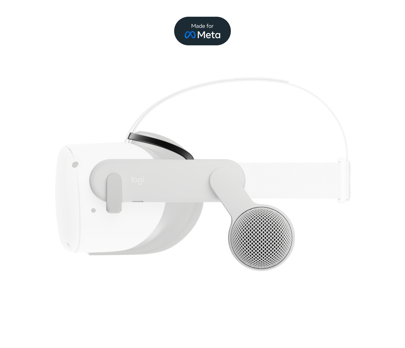 Cuffie VR bianche con logo Meta. Le cuffie hanno un microfono collegato.