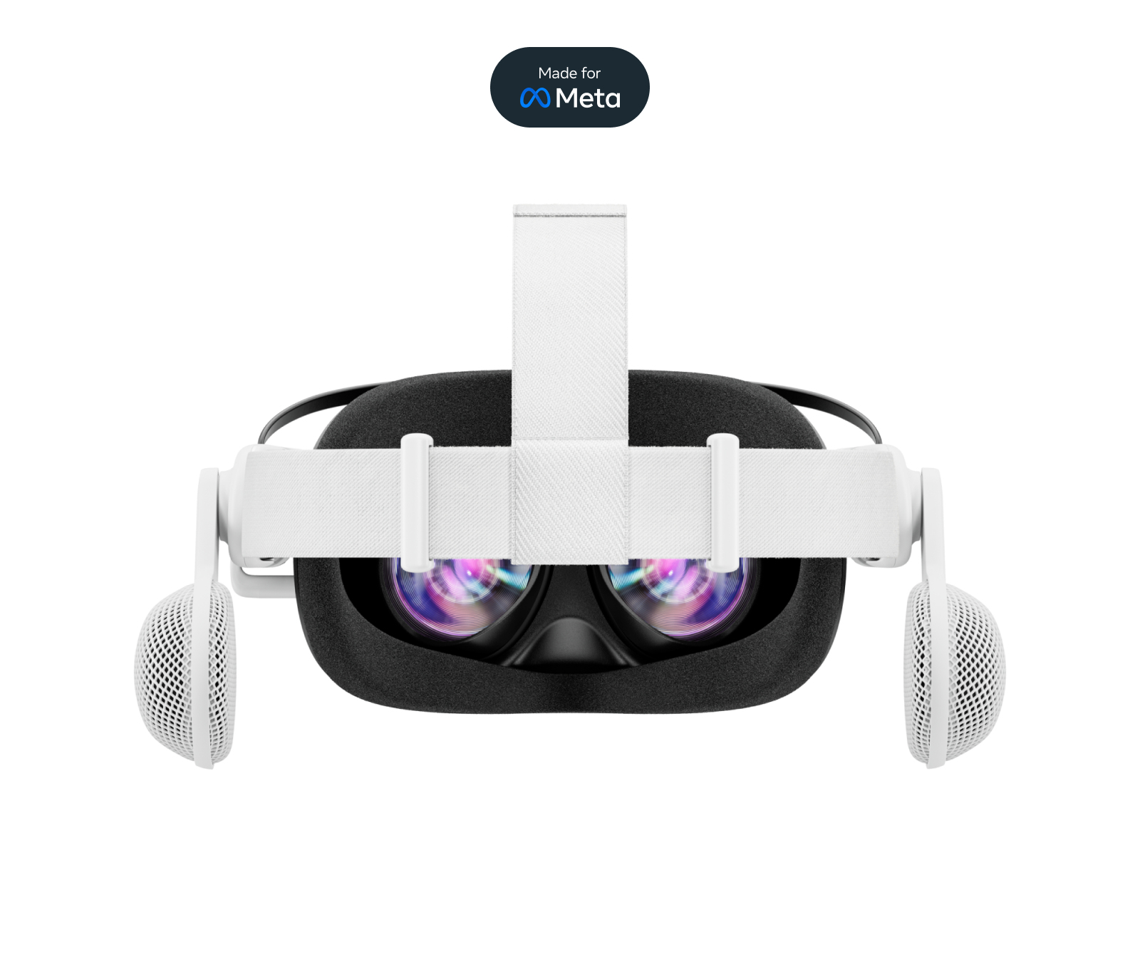 Visore VR bianco con cuffie collegate, il logo Meta è visualizzato in alto.