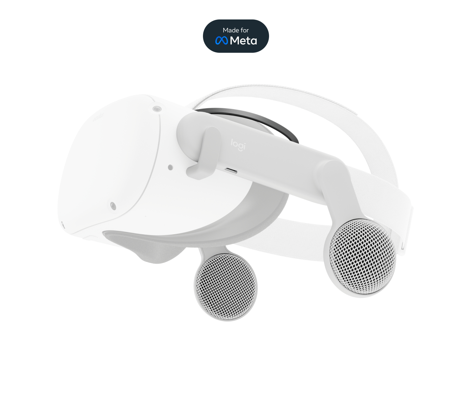 Cuffie VR bianche, Made for Meta, con altoparlanti e fascia. Il logo è in alto.