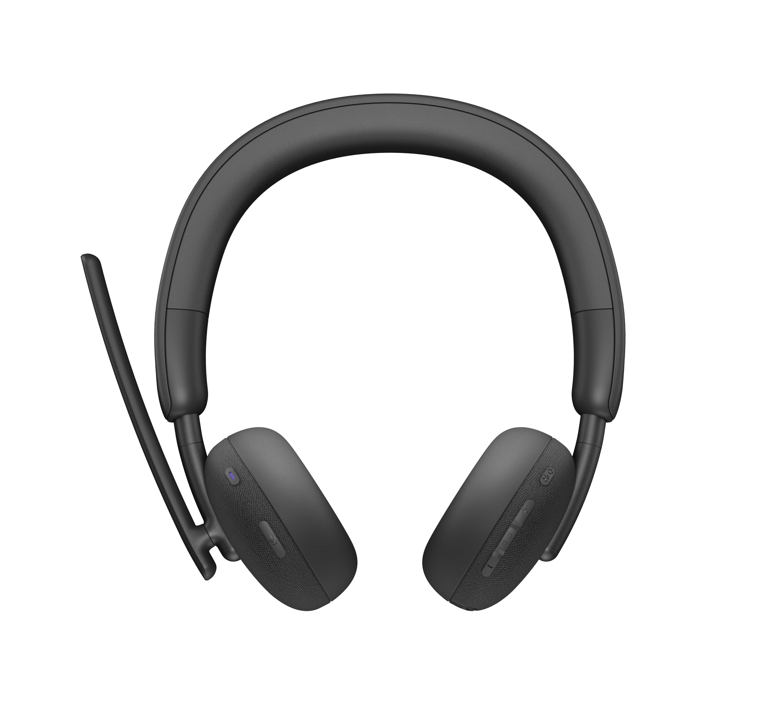 Zwarte koptelefoon met een microfoon aan de linkerkant. De koptelefoon is over-ear.