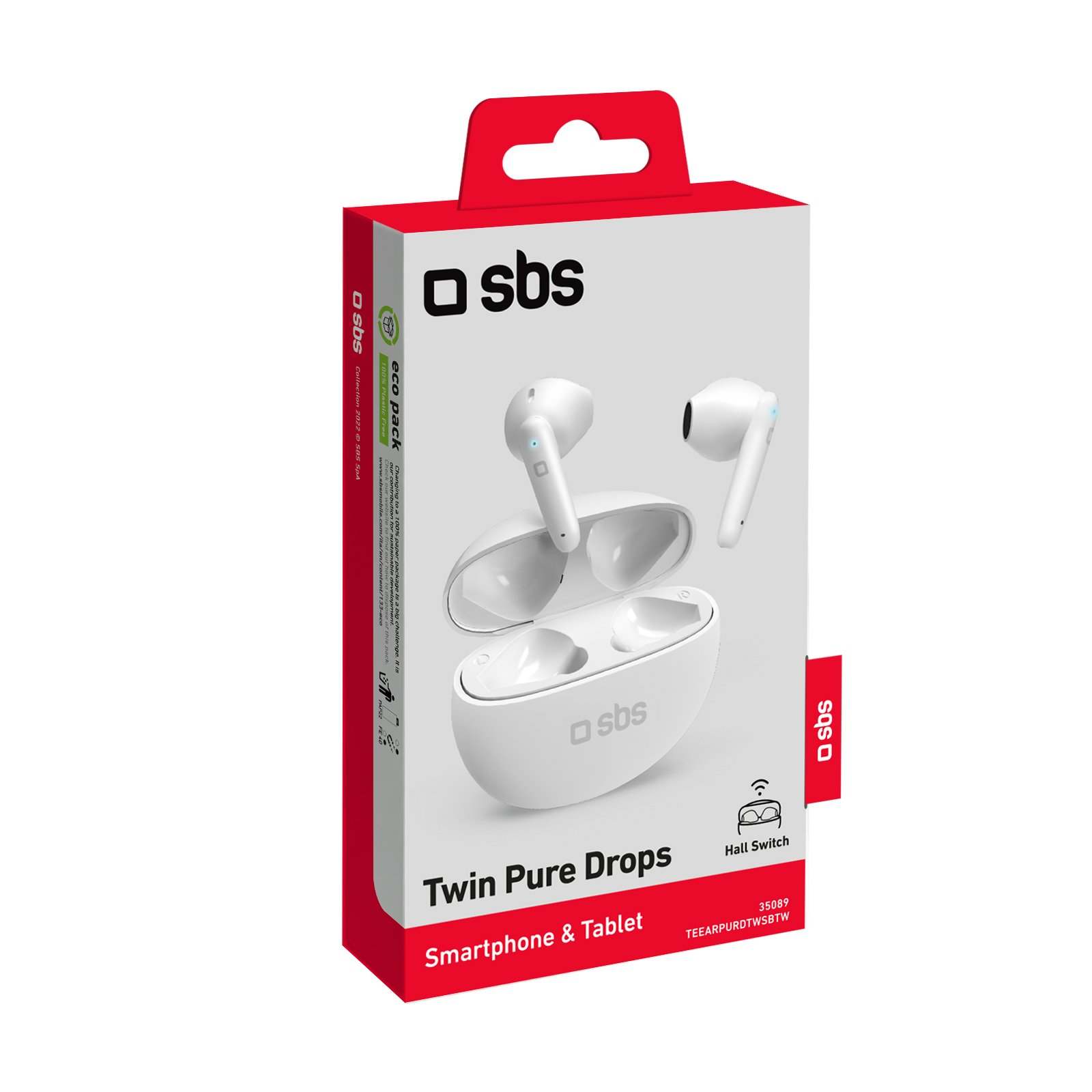 Auricolari bianchi in una scatola rossa con l'etichetta 'Twin Pure Drops' per smartphone e tablet.