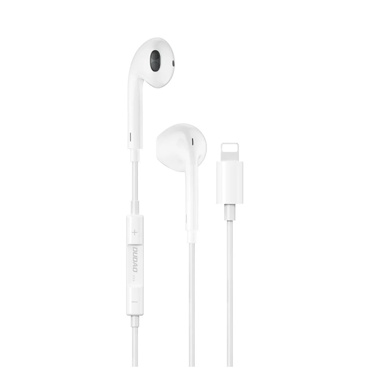 Auricolari Dudao bianchi con connettore Lightning. Sfondo bianco.
