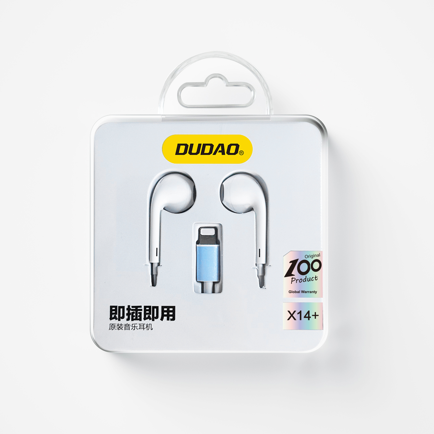 Auricolari bianchi con connettore USB-C blu in una scatola bianca. Sfondo bianco.
