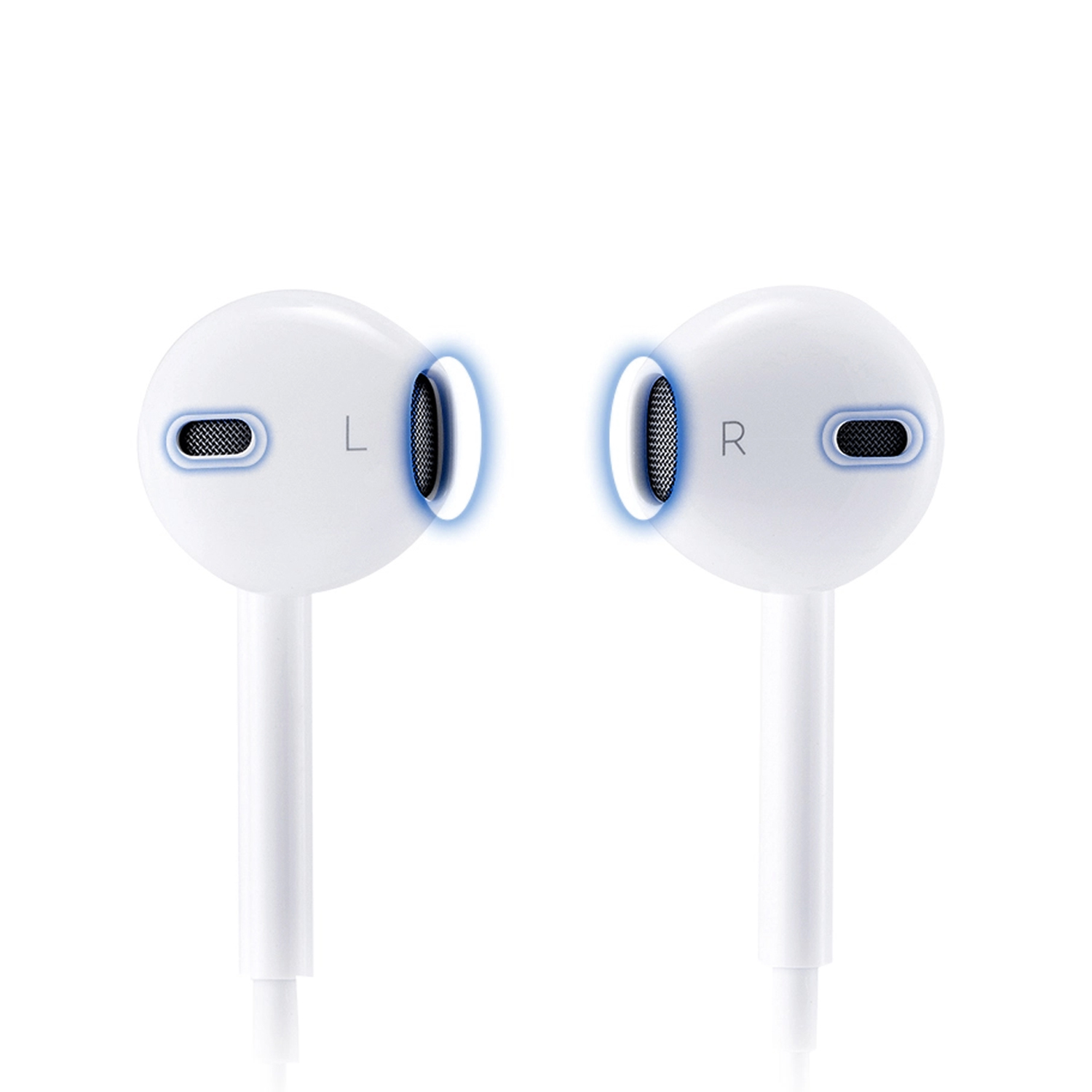 Auricolari Apple bianche, etichettate 'L' e 'R', con accenti blu attorno alla griglia.