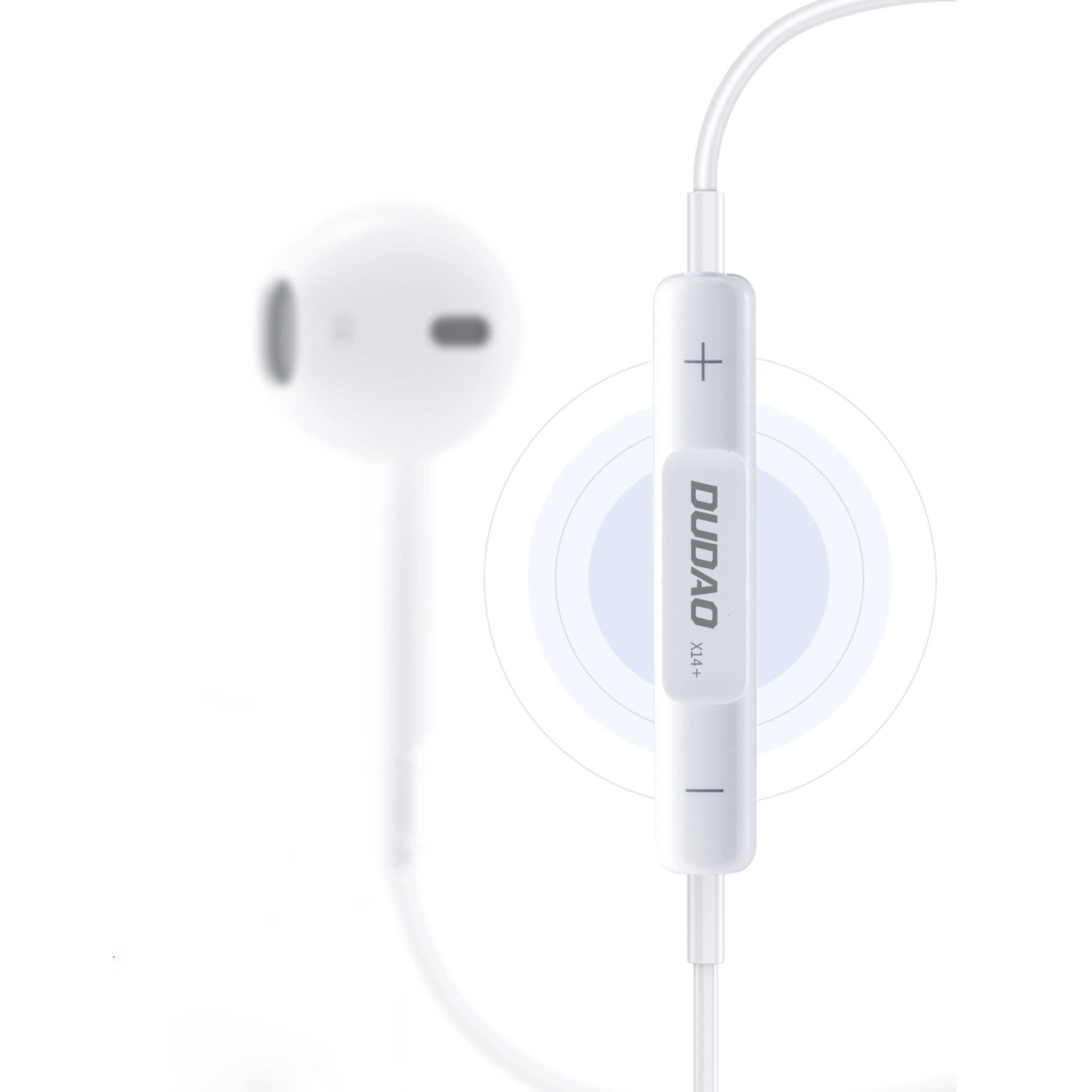 Auricolari bianchi con cavo bianco e un modulo di controllo etichettato 'DUDAO X14+'.