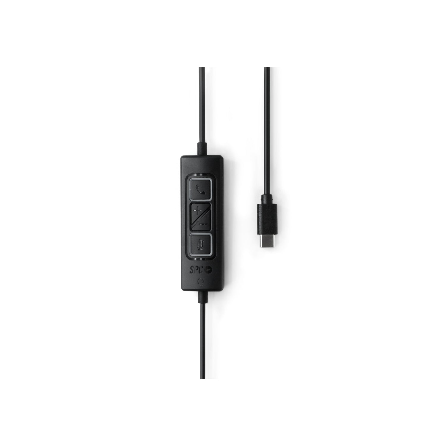 Cable de auriculares negro con botones de control y conector USB-C.