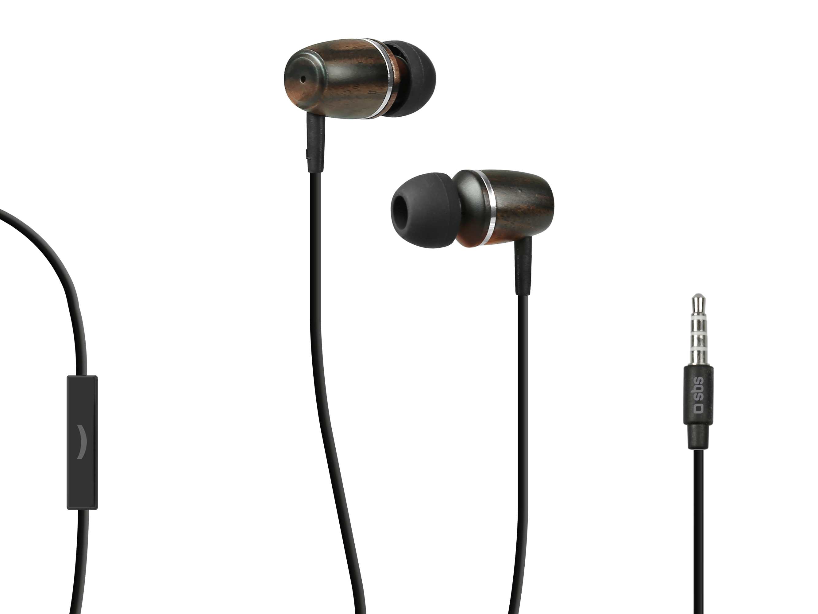 Auricolari con finitura effetto legno, cavo nero e modulo di controllo su sfondo bianco.