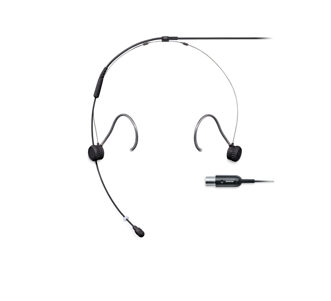 Un auricolare Shure con microfono e connettore. Lo sfondo è bianco.