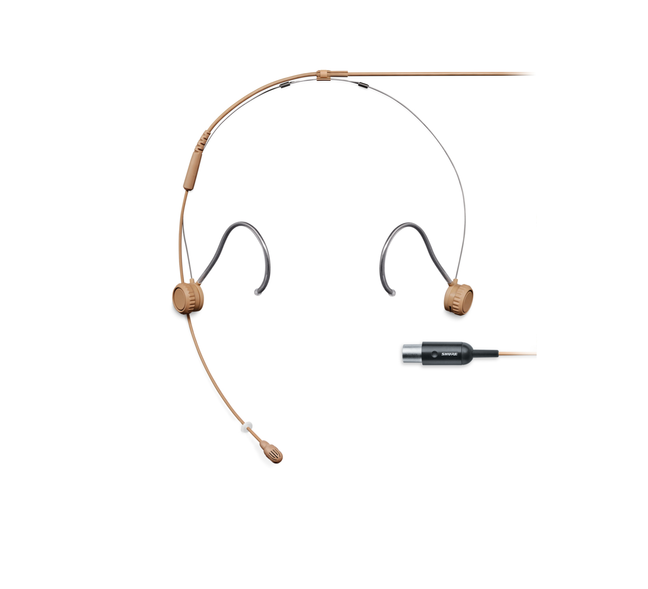 Microfono con auricolare beige con due ganci per le orecchie e un connettore.