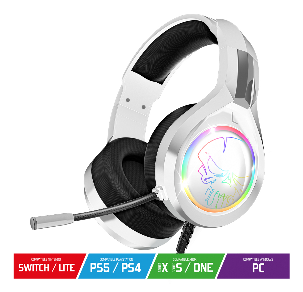 Auriculares gaming blancos y plateados con luces RGB y logo de calavera.