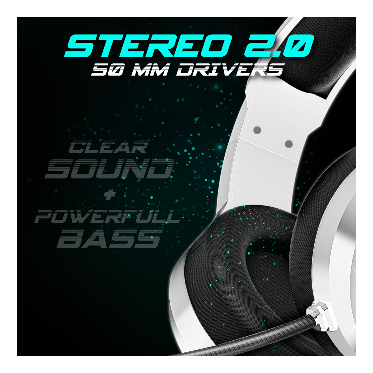 Auriculares blancos y negros con texto: STEREO 2.0, SONIDO CLARO, BAJOS POTENTES.