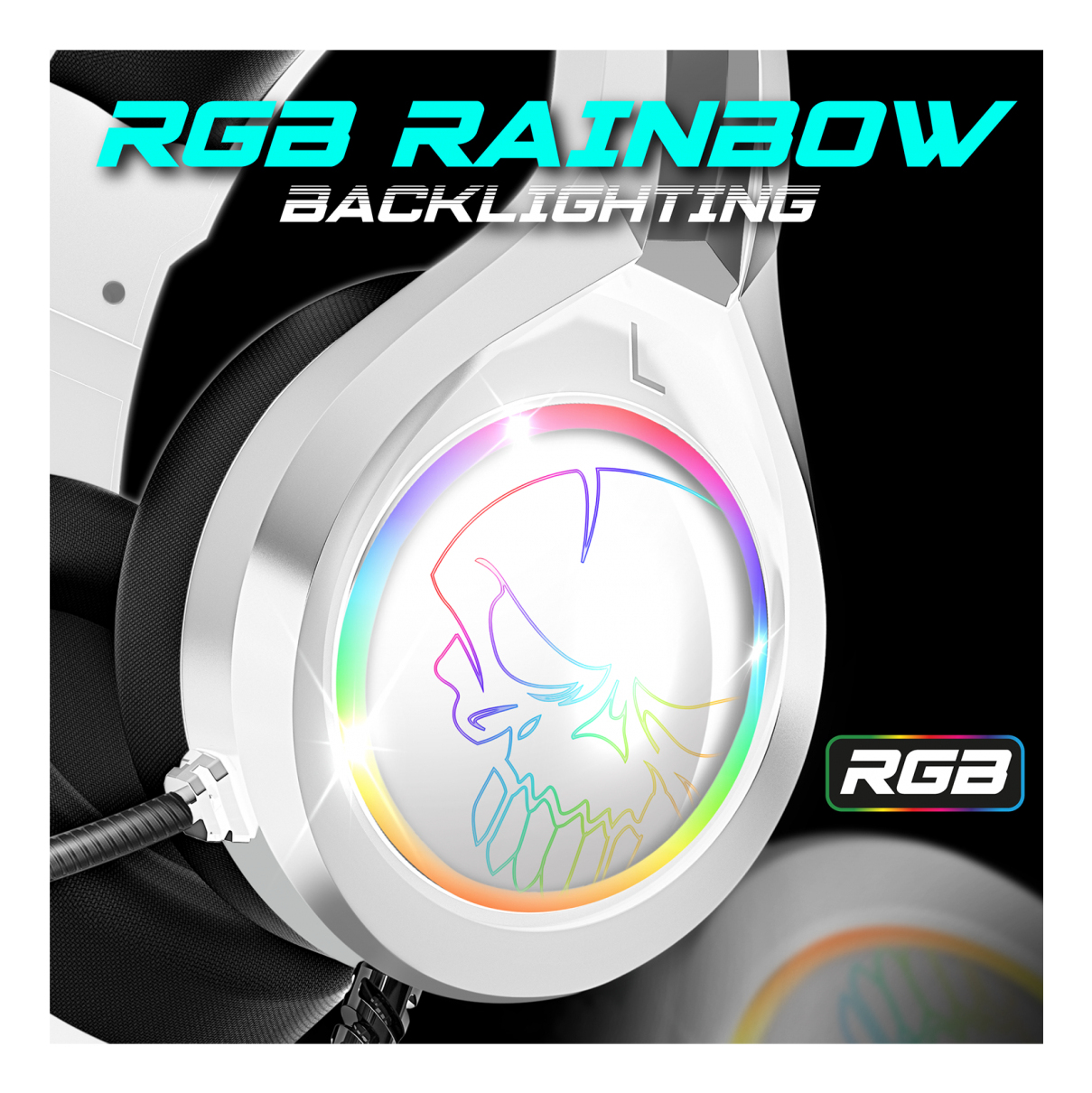 Un auricular blanco con un diseño de calavera e iluminación RGB, y las palabras "RGB RAINBOW BACKLIGHTING".