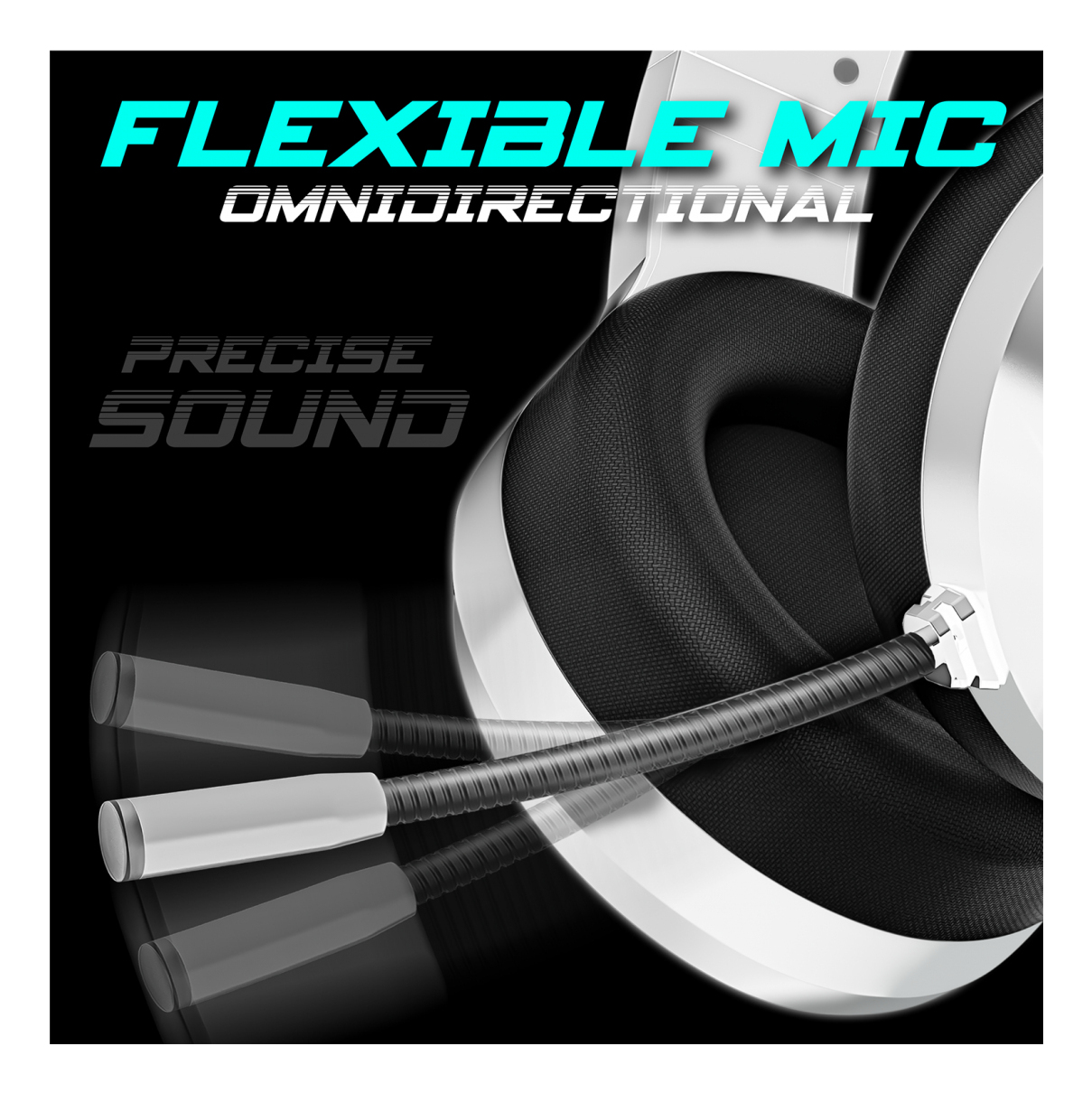Primer plano de auriculares, con micro flexible y la frase "FLEXIBLE MIC".