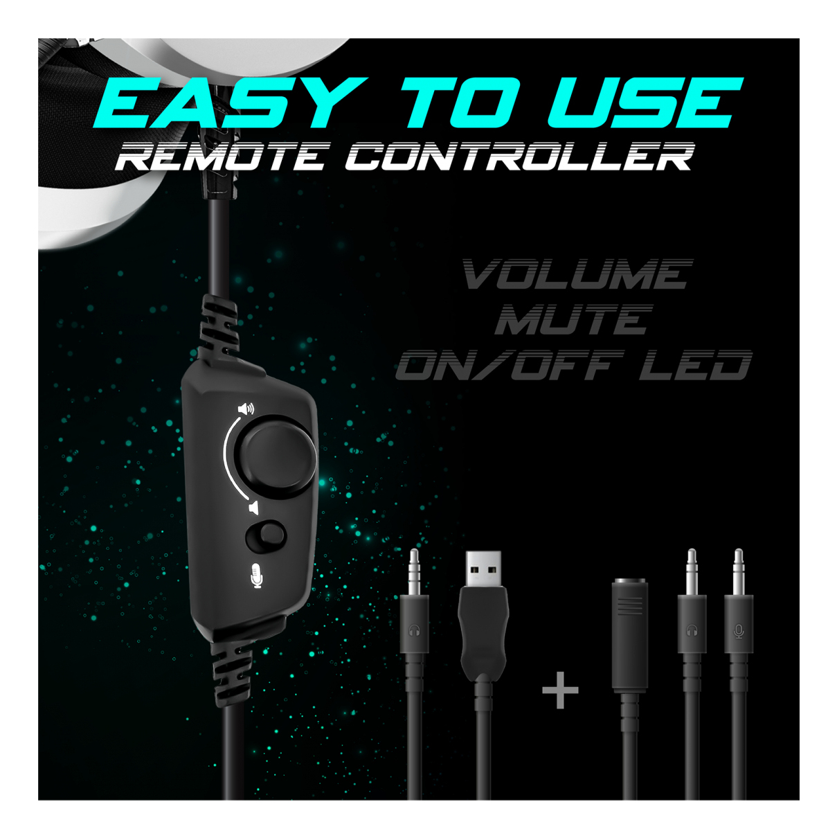 Control remoto negro con volumen, silencio y LED de encendido/apagado. Cables y conectores visibles.