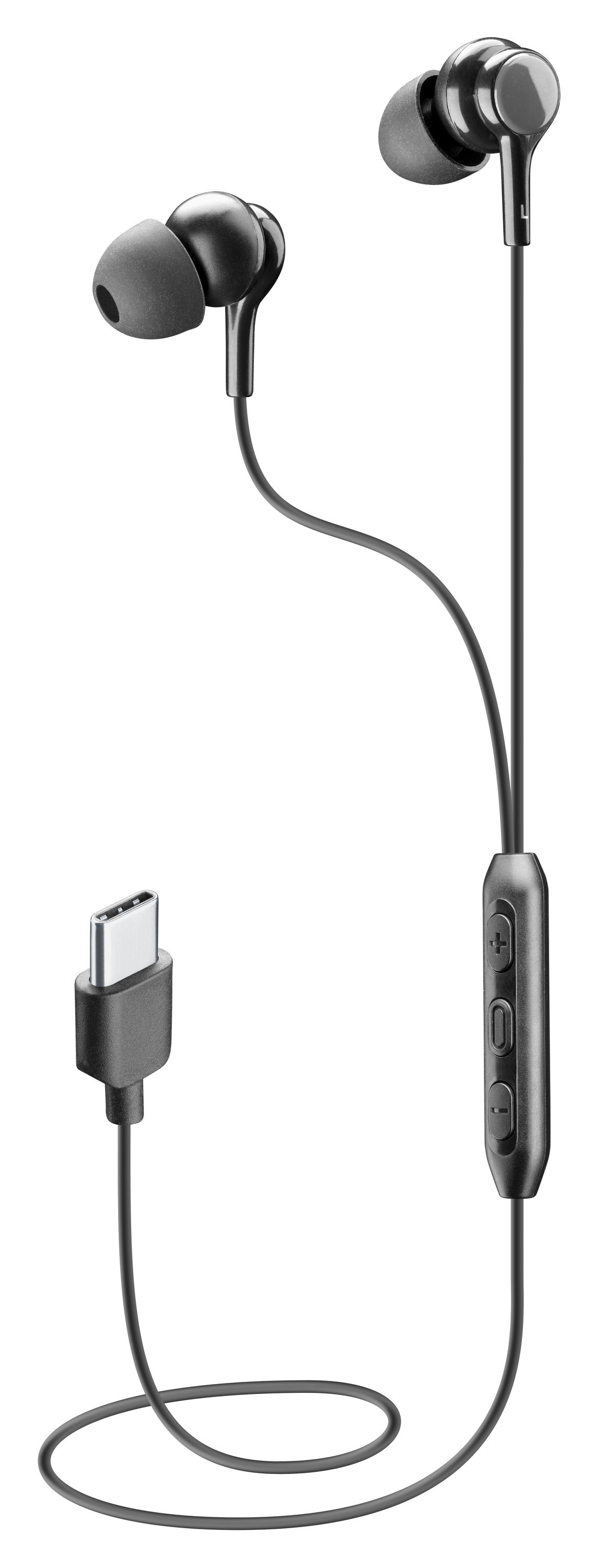 Auriculares negros con conector de carga y módulo de control. Fondo blanco.