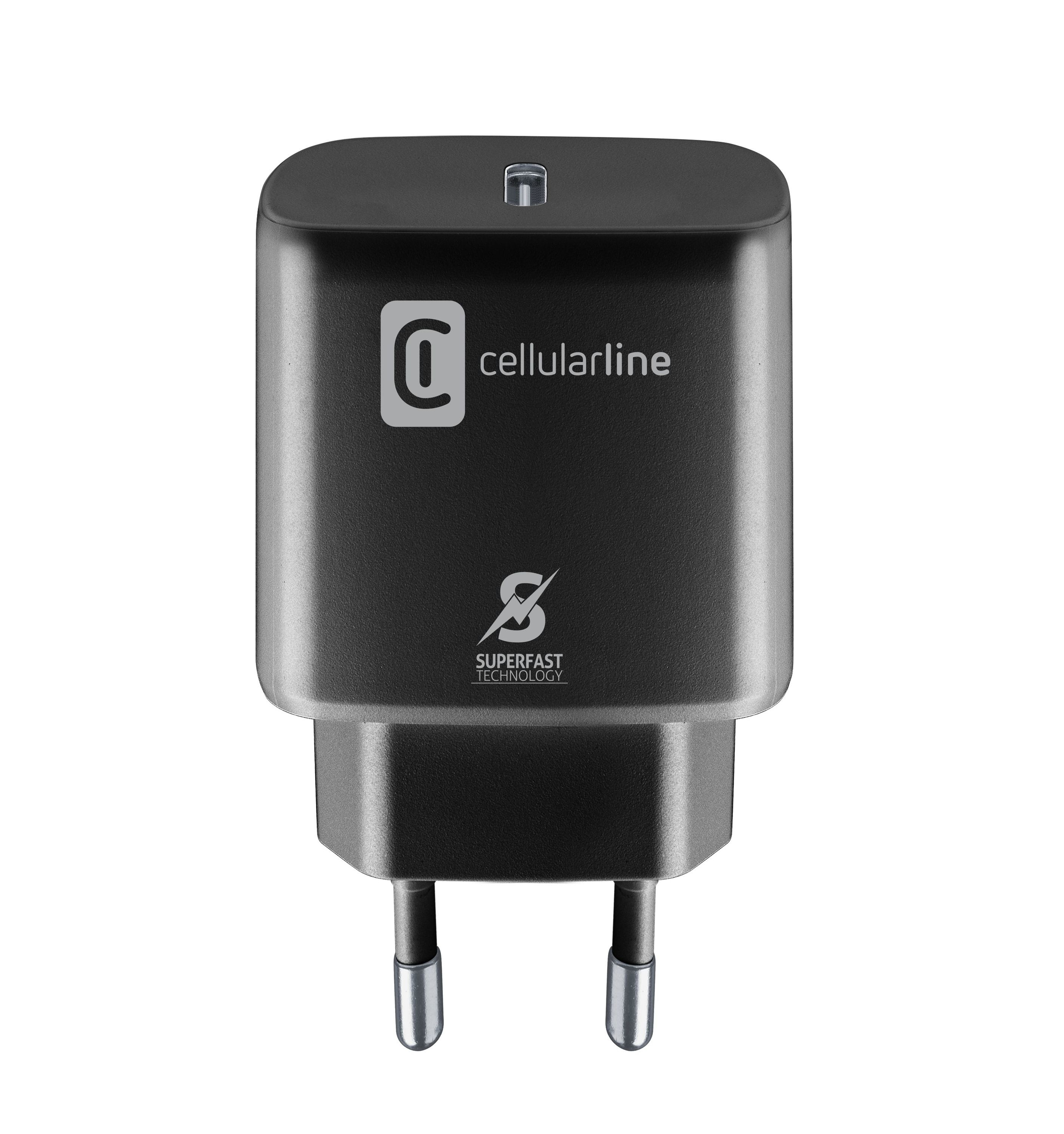 Un cargador negro y plateado con el logo de cellularline. El cargador tiene clavijas.