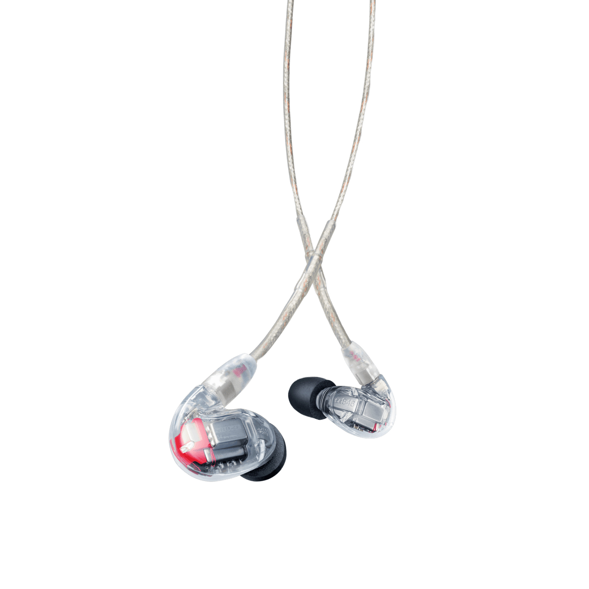 Transparante oortelefoons met zwarte oortips en een zilveren kabel. De interne componenten zijn zichtbaar.