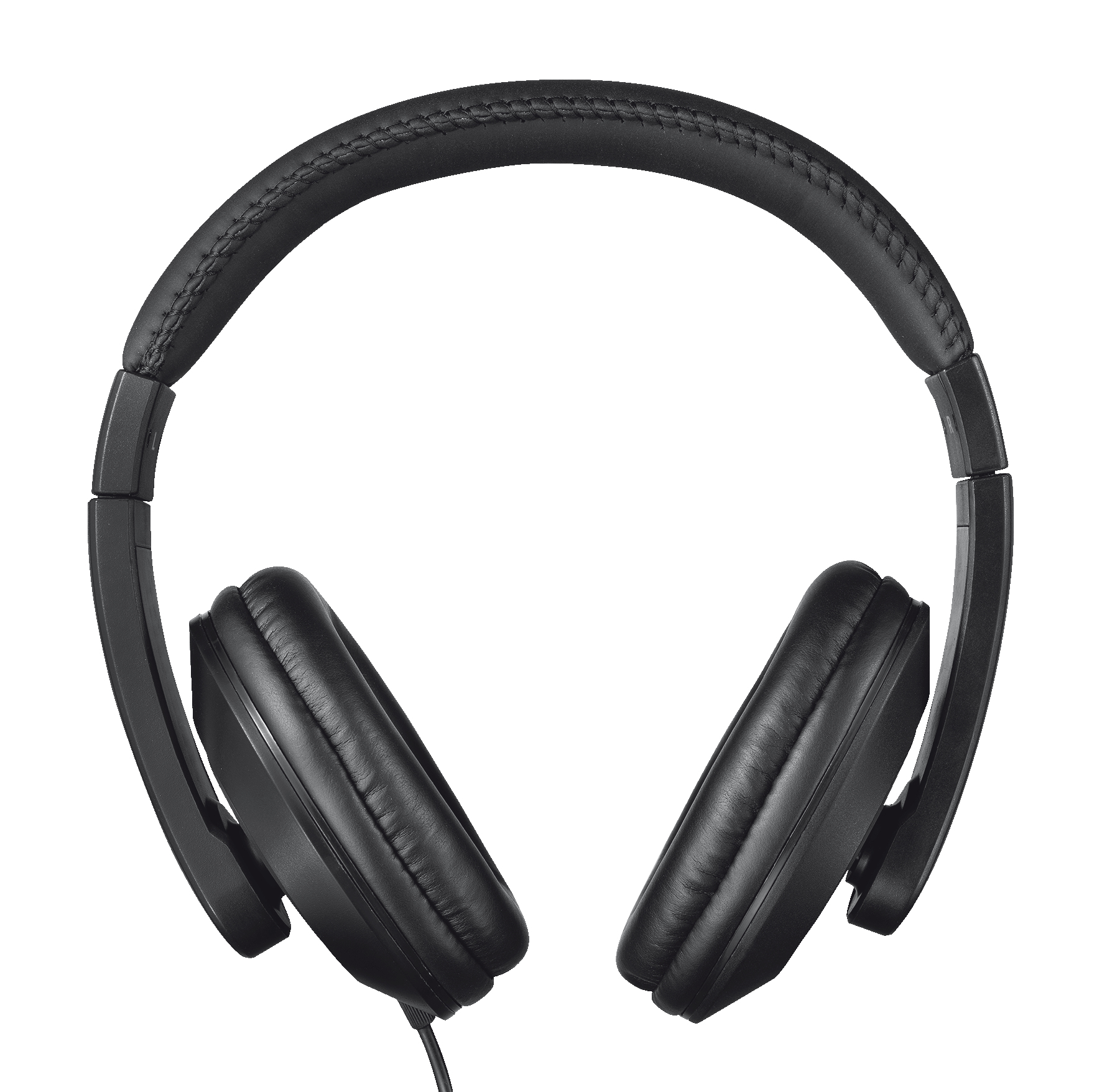 Cuffie nere over-ear su bianco. Padiglioni imbottiti, fascia nera e cavo.