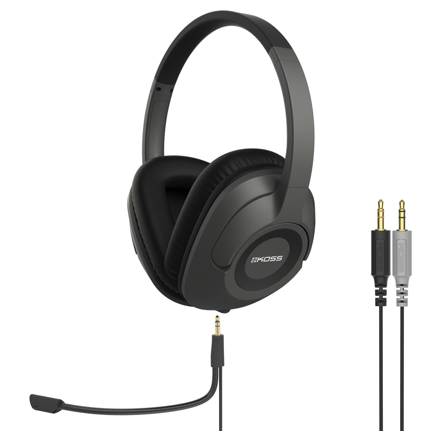 Cuffie nere con microfono e due jack audio.