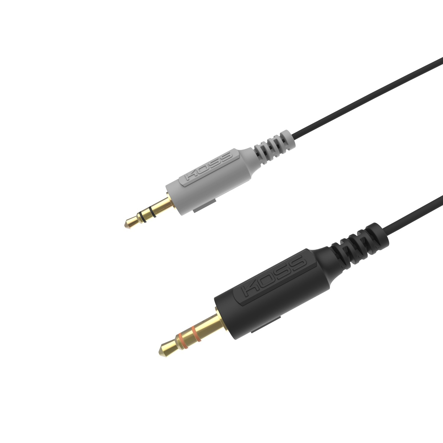 Due jack audio, grigio e nero. Sfondo bianco.