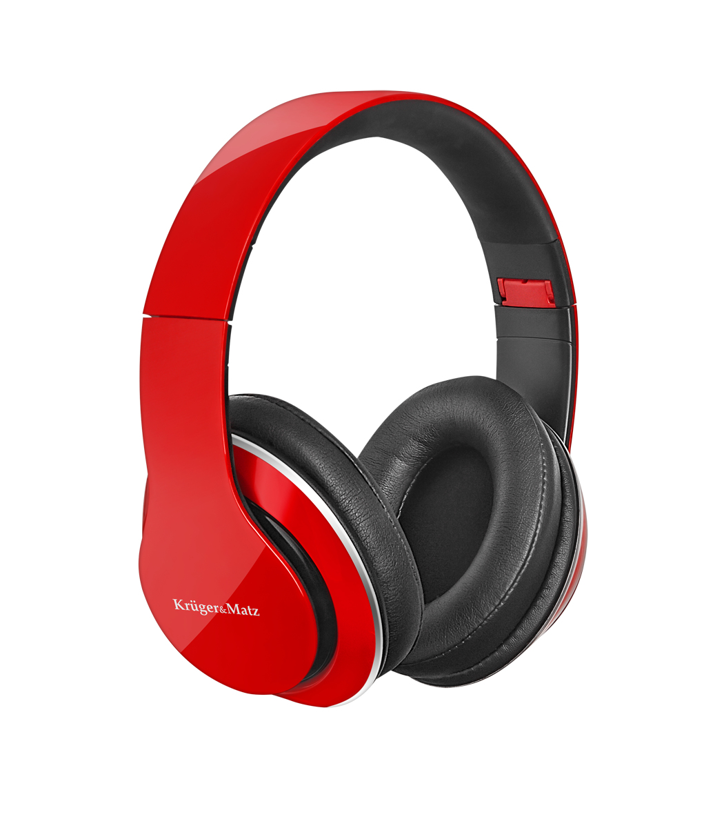 Czerwone słuchawki nauszne z czarnymi nausznikami, białym paskiem i logo marki.